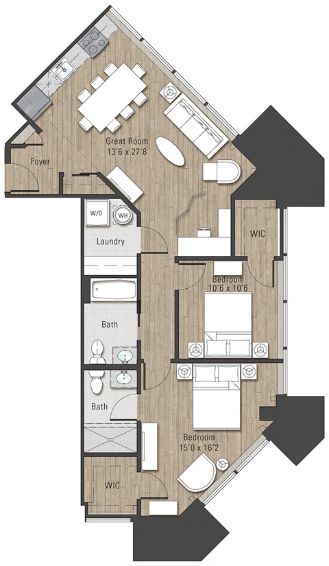 Floor plan for 2 beds, 2 baths, 1060 sqft